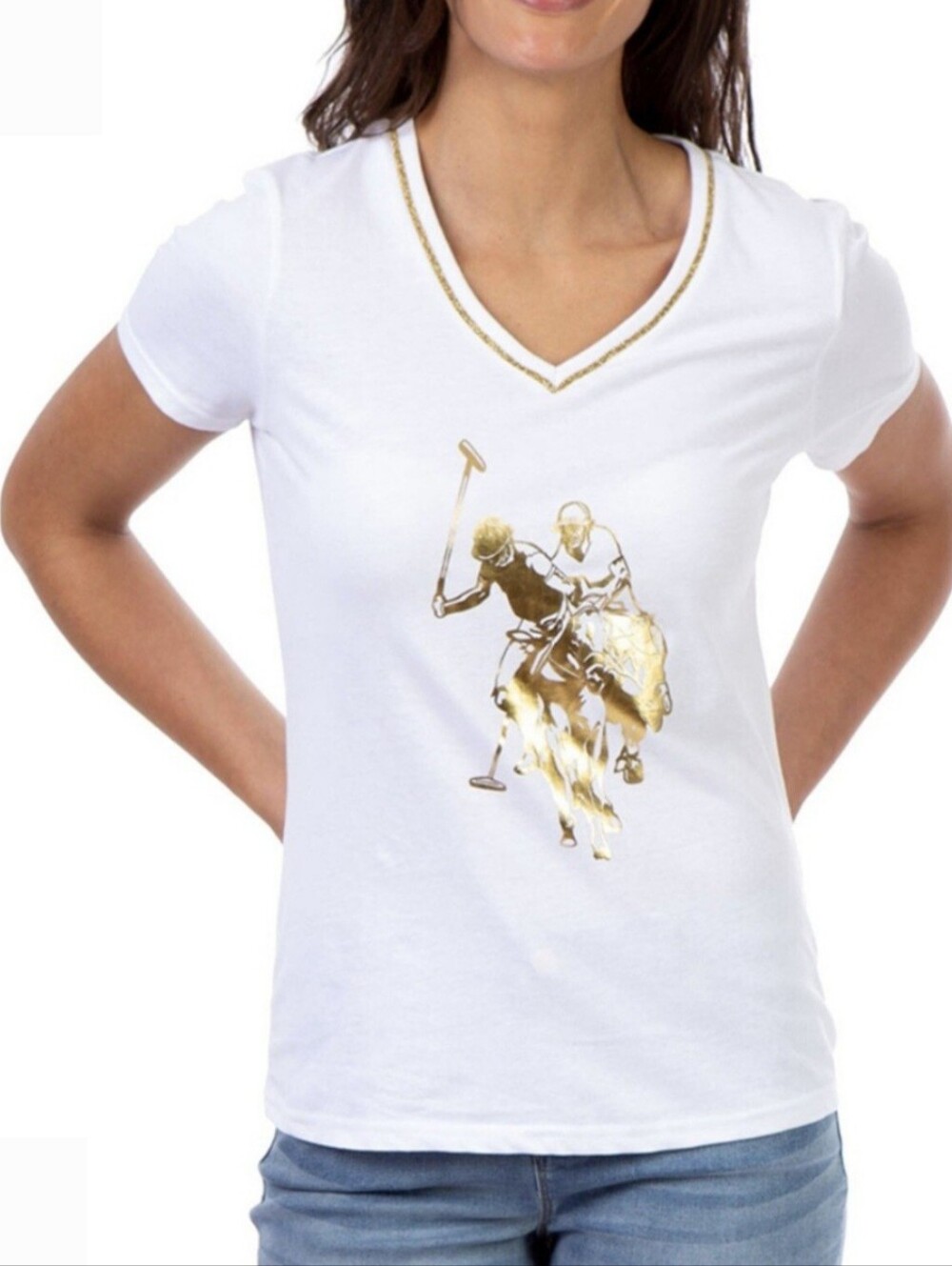 Y2K/ Casual Ladies USPA V-Neck Logo Tee White/Gold US Size S/P 100086